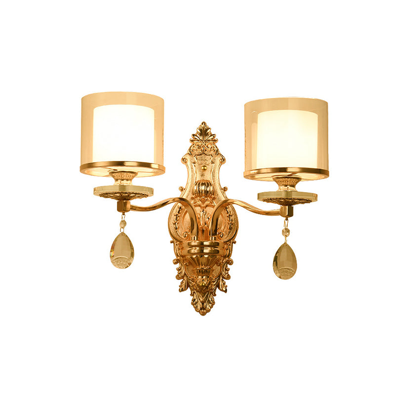 Mid-Century Cylinder Sconce Light 2 Heads Clear and Frosted Glass Wall Lamp in Gold with Crystal Drop Clearhalo 'Wall Lamps & Sconces' 'Wall Lights' Lighting' 886171