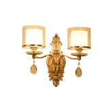 Mid-Century Cylinder Sconce Light 2 Heads Clear and Frosted Glass Wall Lamp in Gold with Crystal Drop Clearhalo 'Wall Lamps & Sconces' 'Wall Lights' Lighting' 886171