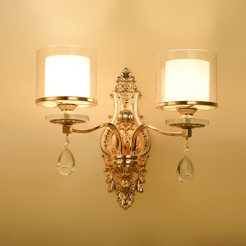 Mid-Century Cylinder Sconce Light 2 Heads Clear and Frosted Glass Wall Lamp in Gold with Crystal Drop Clearhalo 'Wall Lamps & Sconces' 'Wall Lights' Lighting' 886172