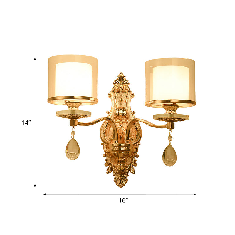 Mid-Century Cylinder Sconce Light 2 Heads Clear and Frosted Glass Wall Lamp in Gold with Crystal Drop Clearhalo 'Wall Lamps & Sconces' 'Wall Lights' Lighting' 886173