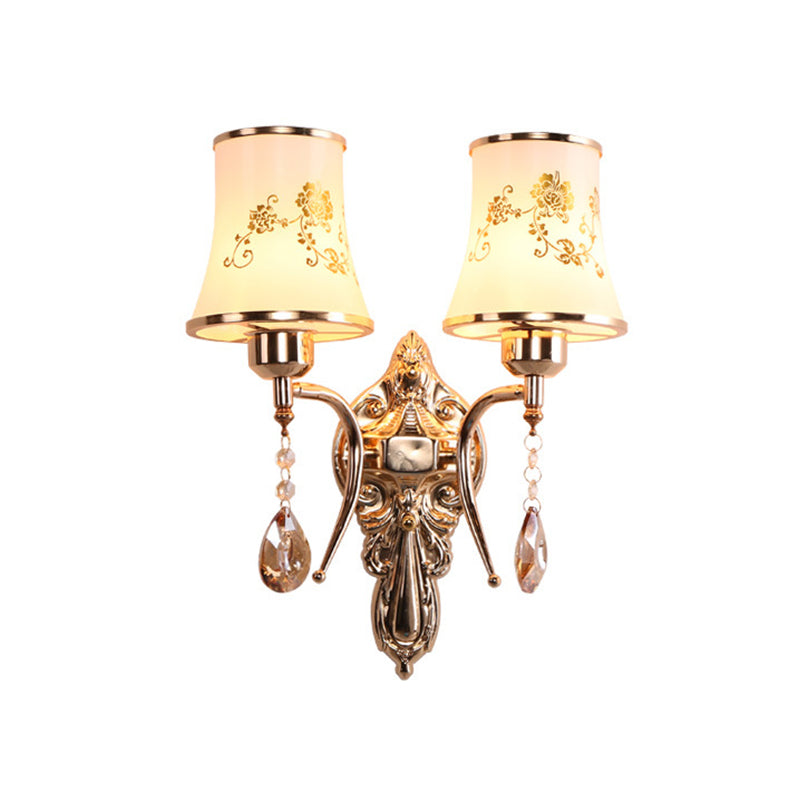 2 Bulbs Bell Sconce Lamp Mid-Century Gold Frosted Glass Wall Lighting Fixture with Crystal Drop Clearhalo 'Wall Lamps & Sconces' 'Wall Lights' Lighting' 886175