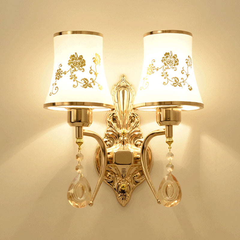 2 Bulbs Bell Sconce Lamp Mid-Century Gold Frosted Glass Wall Lighting Fixture with Crystal Drop Clearhalo 'Wall Lamps & Sconces' 'Wall Lights' Lighting' 886176