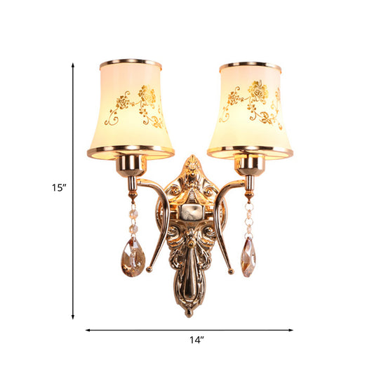 2 Bulbs Bell Sconce Lamp Mid-Century Gold Frosted Glass Wall Lighting Fixture with Crystal Drop Clearhalo 'Wall Lamps & Sconces' 'Wall Lights' Lighting' 886177