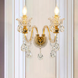 Candelabra Clear Crystal Glass Sconce Mid Century 2-Light Living Room Wall Lamp in Gold Clearhalo 'Wall Lamps & Sconces' 'Wall Lights' Lighting' 886179