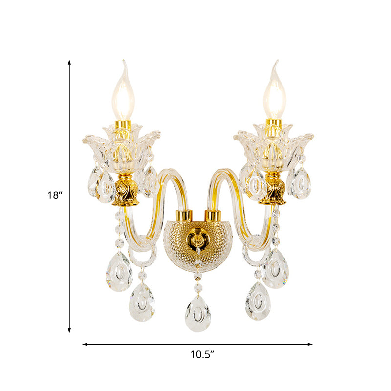 Candelabra Clear Crystal Glass Sconce Mid Century 2-Light Living Room Wall Lamp in Gold Clearhalo 'Wall Lamps & Sconces' 'Wall Lights' Lighting' 886181