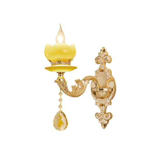 Gold Candle Wall Light Fixture Mid-Century Jade 1-Bulb Bedroom Wall Sconce with Crystal Draping Clearhalo 'Wall Lamps & Sconces' 'Wall Lights' Lighting' 886184