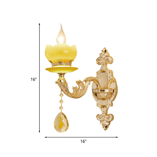 Gold Candle Wall Light Fixture Mid-Century Jade 1-Bulb Bedroom Wall Sconce with Crystal Draping Clearhalo 'Wall Lamps & Sconces' 'Wall Lights' Lighting' 886185