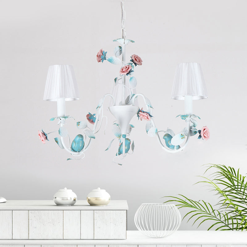 Korean Flower Candle Hanging Chandelier 3/6-Light Fabric Pendant Lamp with Swoop Arm in White Clearhalo 'Ceiling Lights' 'Chandeliers' Lighting' options 886275