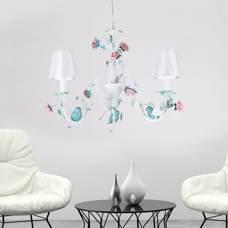 Korean Flower Candle Hanging Chandelier 3/6-Light Fabric Pendant Lamp with Swoop Arm in White Clearhalo 'Ceiling Lights' 'Chandeliers' Lighting' options 886276