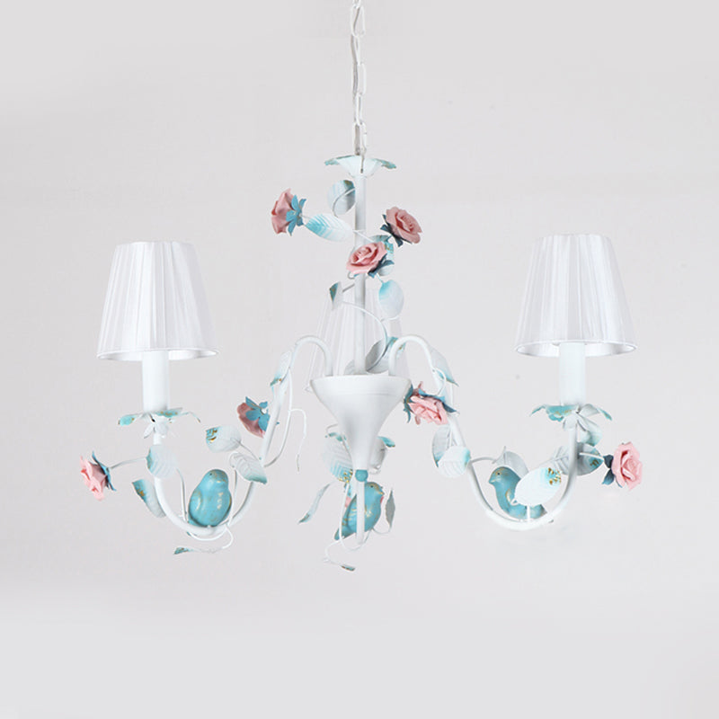 Korean Flower Candle Hanging Chandelier 3/6-Light Fabric Pendant Lamp with Swoop Arm in White Clearhalo 'Ceiling Lights' 'Chandeliers' Lighting' options 886277