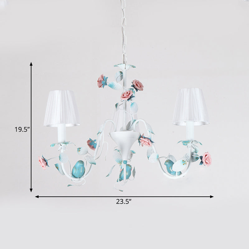 Korean Flower Candle Hanging Chandelier 3/6-Light Fabric Pendant Lamp with Swoop Arm in White Clearhalo 'Ceiling Lights' 'Chandeliers' Lighting' options 886278