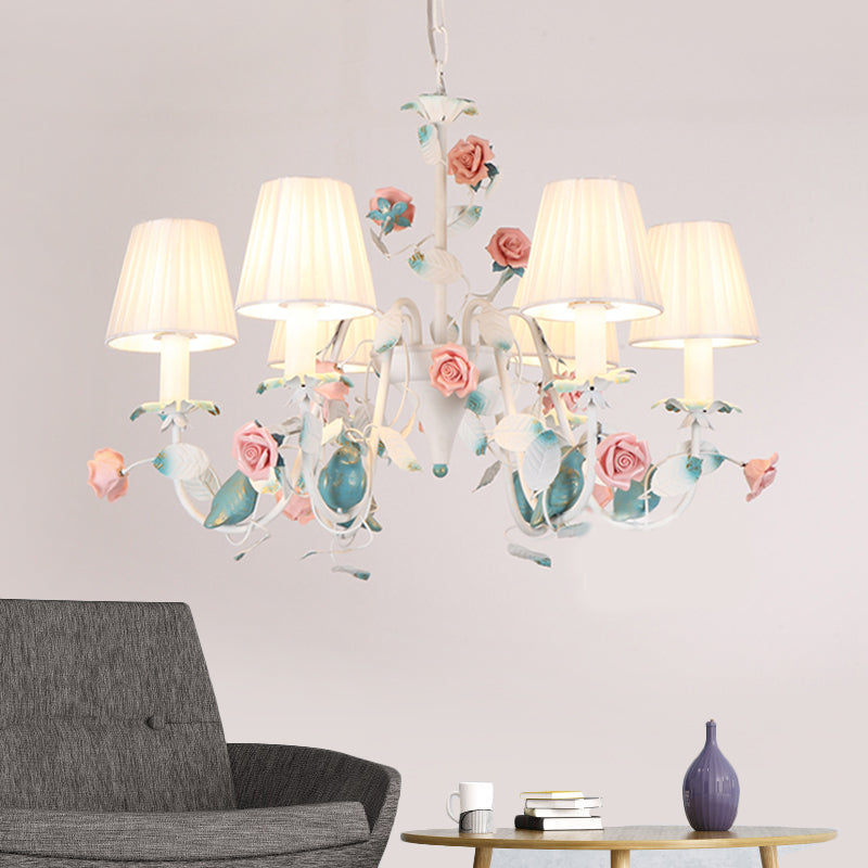 Korean Flower Candle Hanging Chandelier 3/6-Light Fabric Pendant Lamp with Swoop Arm in White Clearhalo 'Ceiling Lights' 'Chandeliers' Lighting' options 886279