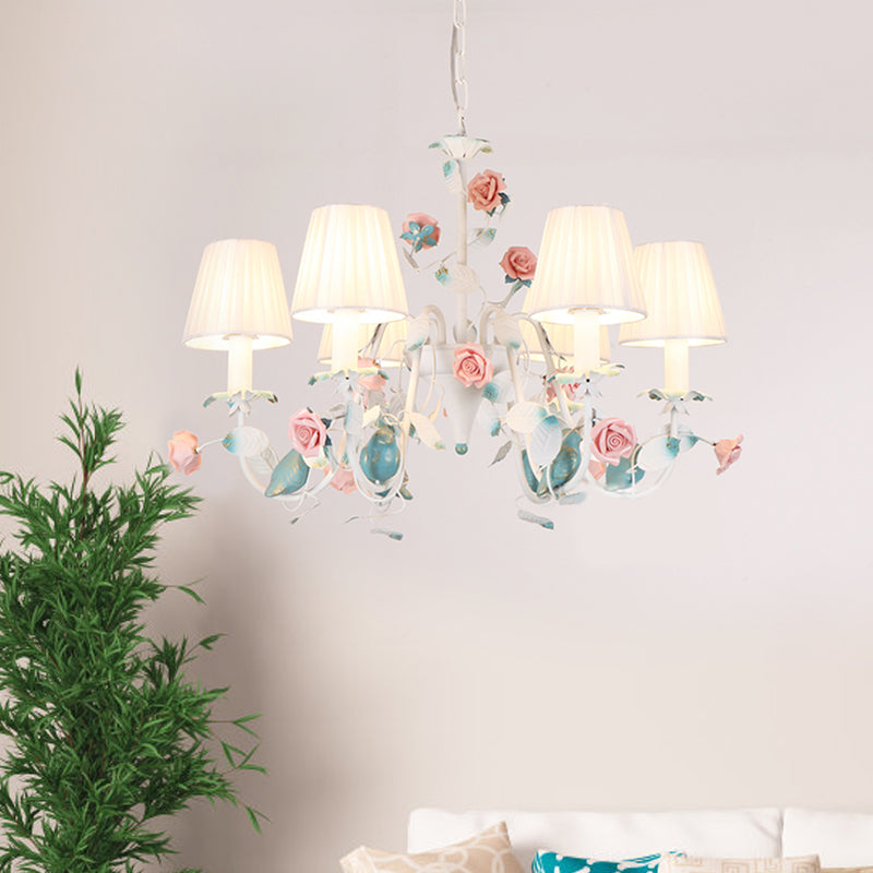 Korean Flower Candle Hanging Chandelier 3/6-Light Fabric Pendant Lamp with Swoop Arm in White Clearhalo 'Ceiling Lights' 'Chandeliers' Lighting' options 886281