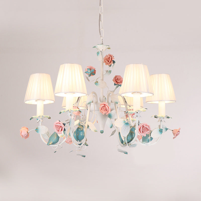 Korean Flower Candle Hanging Chandelier 3/6-Light Fabric Pendant Lamp with Swoop Arm in White Clearhalo 'Ceiling Lights' 'Chandeliers' Lighting' options 886282