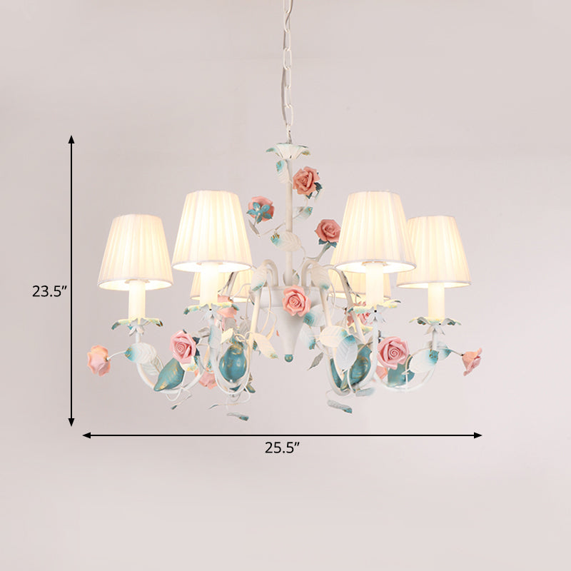 Korean Flower Candle Hanging Chandelier 3/6-Light Fabric Pendant Lamp with Swoop Arm in White Clearhalo 'Ceiling Lights' 'Chandeliers' Lighting' options 886283