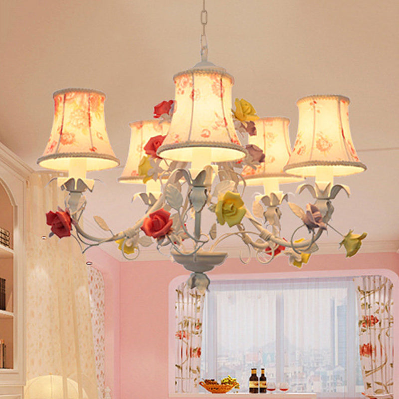 5 Heads Floral Print Fabric Chandelier Countryside White-Red Flared Living Room Hanging Pendant Light Clearhalo 'Ceiling Lights' 'Chandeliers' Lighting' options 886284