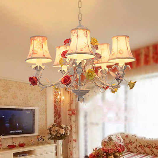 5 Heads Floral Print Fabric Chandelier Countryside White-Red Flared Living Room Hanging Pendant Light Clearhalo 'Ceiling Lights' 'Chandeliers' Lighting' options 886285