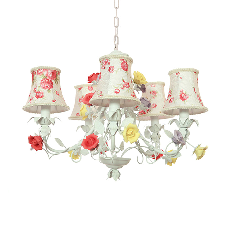 5 Heads Floral Print Fabric Chandelier Countryside White-Red Flared Living Room Hanging Pendant Light Clearhalo 'Ceiling Lights' 'Chandeliers' Lighting' options 886286