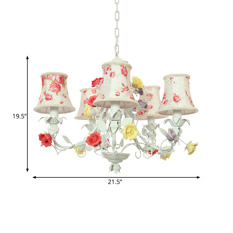 5 Heads Floral Print Fabric Chandelier Countryside White-Red Flared Living Room Hanging Pendant Light Clearhalo 'Ceiling Lights' 'Chandeliers' Lighting' options 886287