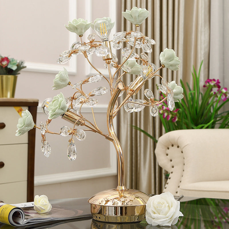 Ceramic Green Nightstand Light Spring Blossom 3 Lights American Garden  Table Lamp