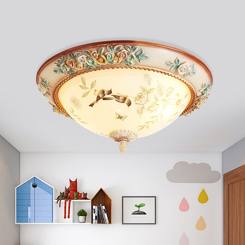 3/4 Lights Printed Glass Flush Mount American Flower White Bowl Close to Ceiling Lighting with Handmade Rose Edge 3 White Clearhalo 'Ceiling Lights' 'Close To Ceiling Lights' 'Close to ceiling' 'Flush mount' Lighting' 886328