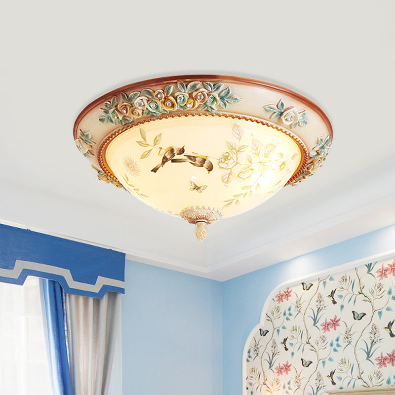 3/4 Lights Printed Glass Flush Mount American Flower White Bowl Close to Ceiling Lighting with Handmade Rose Edge Clearhalo 'Ceiling Lights' 'Close To Ceiling Lights' 'Close to ceiling' 'Flush mount' Lighting' 886329