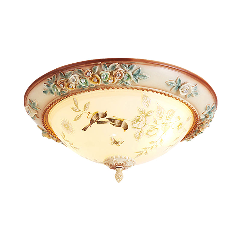 3/4 Lights Printed Glass Flush Mount American Flower White Bowl Close to Ceiling Lighting with Handmade Rose Edge Clearhalo 'Ceiling Lights' 'Close To Ceiling Lights' 'Close to ceiling' 'Flush mount' Lighting' 886330