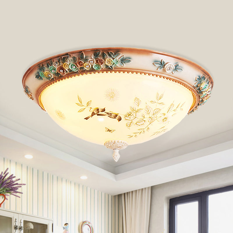 3/4 Lights Printed Glass Flush Mount American Flower White Bowl Close to Ceiling Lighting with Handmade Rose Edge 4 White Clearhalo 'Ceiling Lights' 'Close To Ceiling Lights' 'Close to ceiling' 'Flush mount' Lighting' 886332