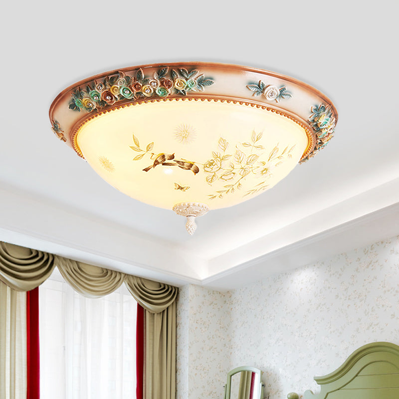 3/4 Lights Printed Glass Flush Mount American Flower White Bowl Close to Ceiling Lighting with Handmade Rose Edge Clearhalo 'Ceiling Lights' 'Close To Ceiling Lights' 'Close to ceiling' 'Flush mount' Lighting' 886333