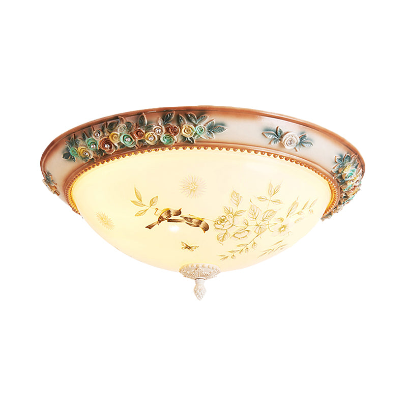 3/4 Lights Printed Glass Flush Mount American Flower White Bowl Close to Ceiling Lighting with Handmade Rose Edge Clearhalo 'Ceiling Lights' 'Close To Ceiling Lights' 'Close to ceiling' 'Flush mount' Lighting' 886334