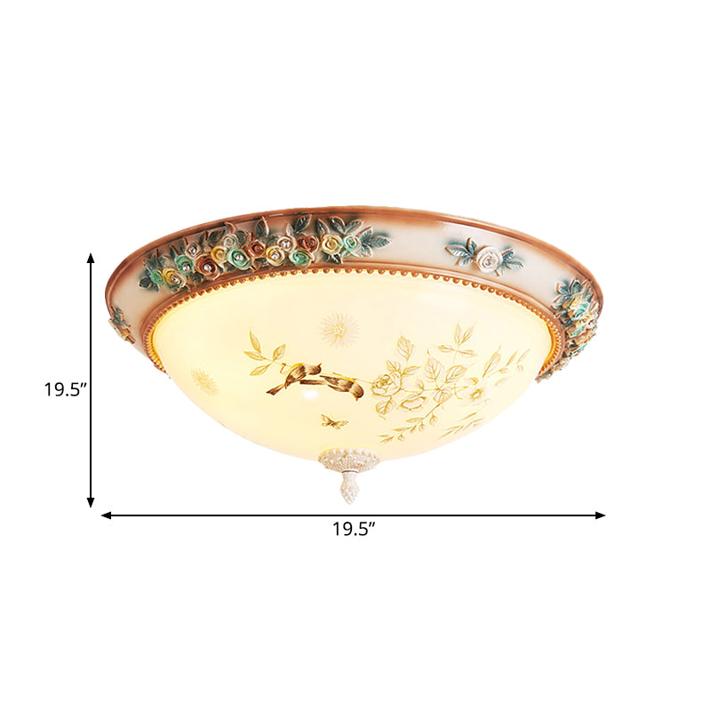 3/4 Lights Printed Glass Flush Mount American Flower White Bowl Close to Ceiling Lighting with Handmade Rose Edge Clearhalo 'Ceiling Lights' 'Close To Ceiling Lights' 'Close to ceiling' 'Flush mount' Lighting' 886336