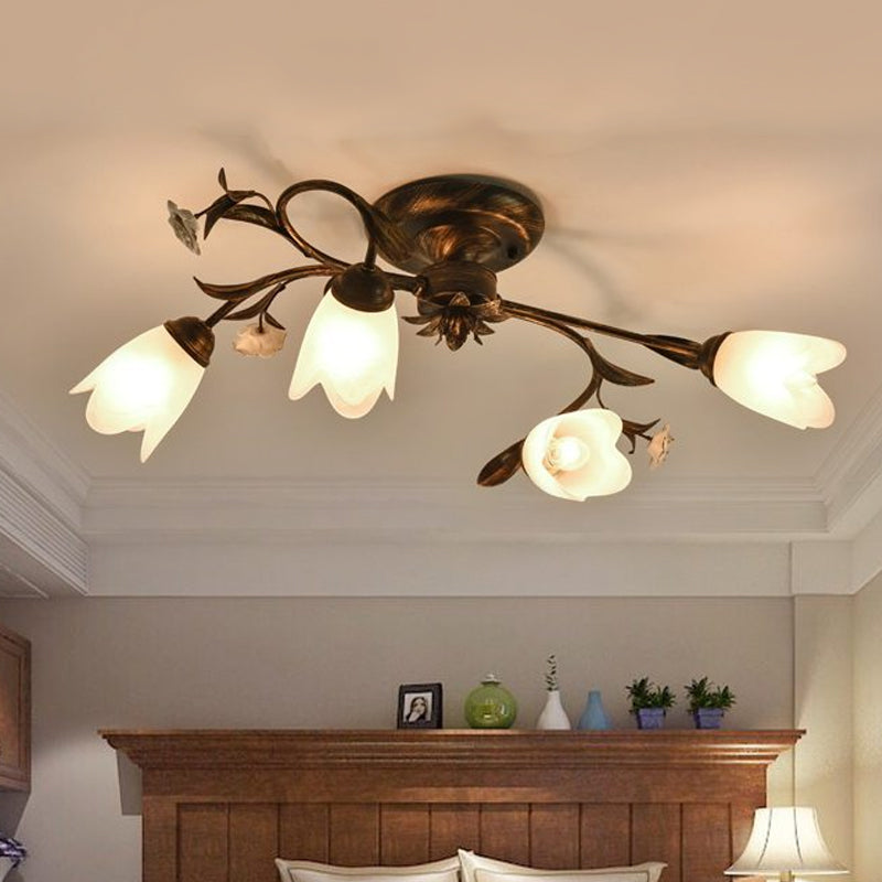 American Garden Flowers Ceiling Light 4/6/8 Heads Cream Glass Semi Flush Mount Lighting in Bronze 4 Bronze Clearhalo 'Ceiling Lights' 'Close To Ceiling Lights' 'Close to ceiling' 'Semi-flushmount' Lighting' 886337