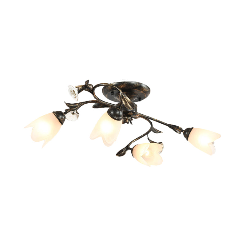 American Garden Flowers Ceiling Light 4/6/8 Heads Cream Glass Semi Flush Mount Lighting in Bronze Clearhalo 'Ceiling Lights' 'Close To Ceiling Lights' 'Close to ceiling' 'Semi-flushmount' Lighting' 886338