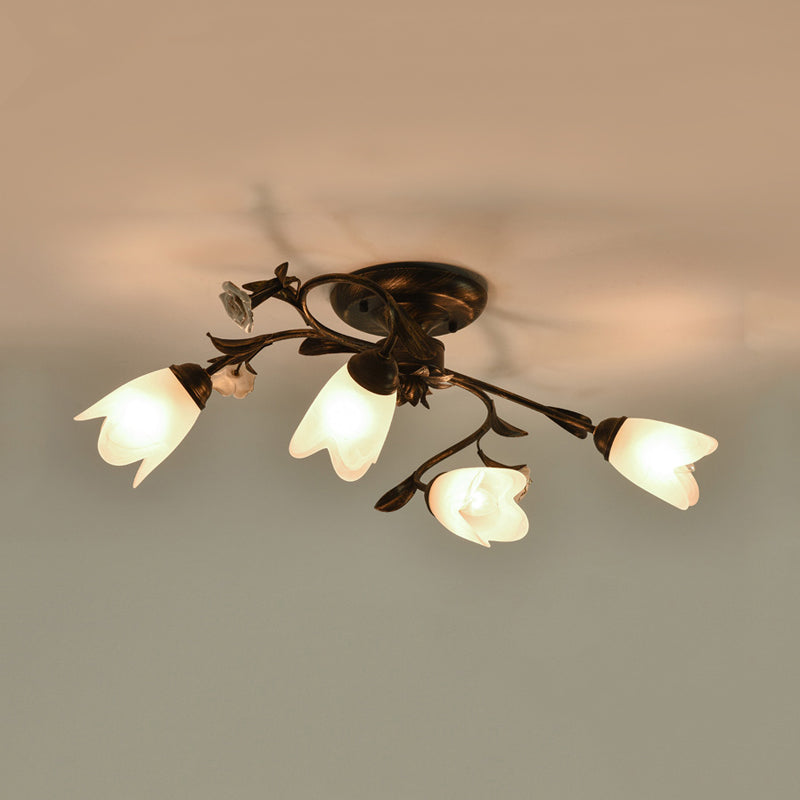 American Garden Flowers Ceiling Light 4/6/8 Heads Cream Glass Semi Flush Mount Lighting in Bronze Clearhalo 'Ceiling Lights' 'Close To Ceiling Lights' 'Close to ceiling' 'Semi-flushmount' Lighting' 886339