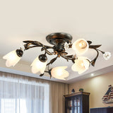 American Garden Flowers Ceiling Light 4/6/8 Heads Cream Glass Semi Flush Mount Lighting in Bronze 6 Bronze Clearhalo 'Ceiling Lights' 'Close To Ceiling Lights' 'Close to ceiling' 'Semi-flushmount' Lighting' 886341