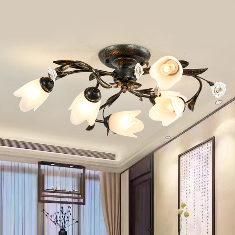 American Garden Flowers Ceiling Light 4/6/8 Heads Cream Glass Semi Flush Mount Lighting in Bronze Clearhalo 'Ceiling Lights' 'Close To Ceiling Lights' 'Close to ceiling' 'Semi-flushmount' Lighting' 886342