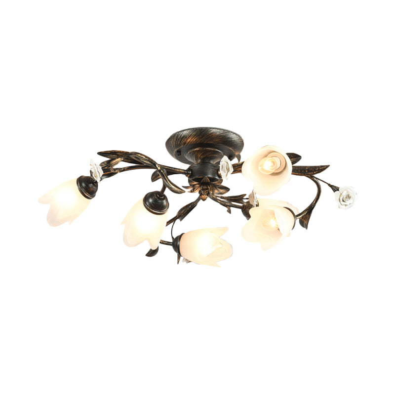 American Garden Flowers Ceiling Light 4/6/8 Heads Cream Glass Semi Flush Mount Lighting in Bronze Clearhalo 'Ceiling Lights' 'Close To Ceiling Lights' 'Close to ceiling' 'Semi-flushmount' Lighting' 886343