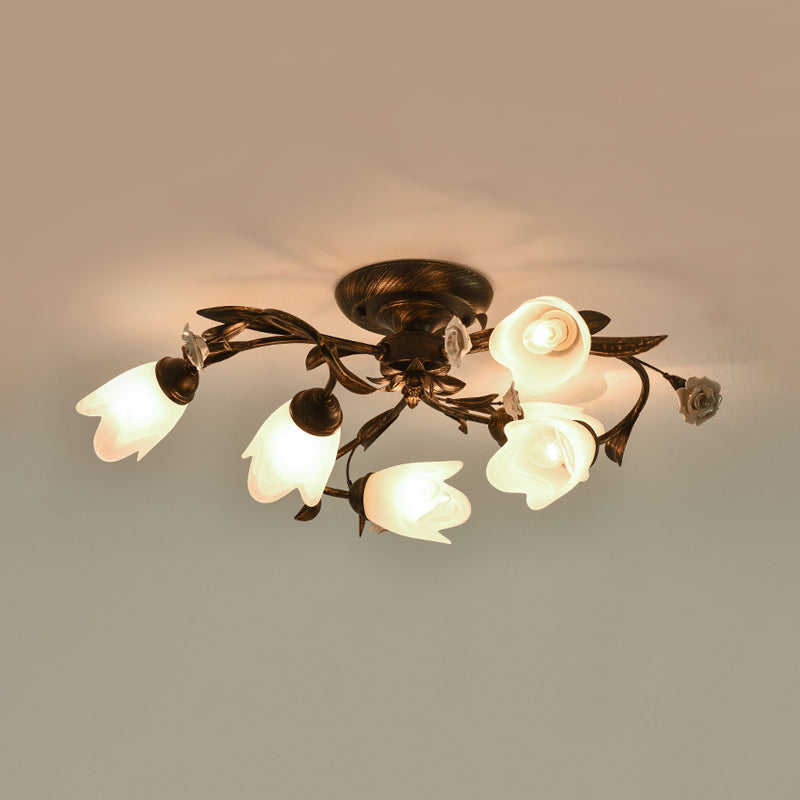 American Garden Flowers Ceiling Light 4/6/8 Heads Cream Glass Semi Flush Mount Lighting in Bronze Clearhalo 'Ceiling Lights' 'Close To Ceiling Lights' 'Close to ceiling' 'Semi-flushmount' Lighting' 886344