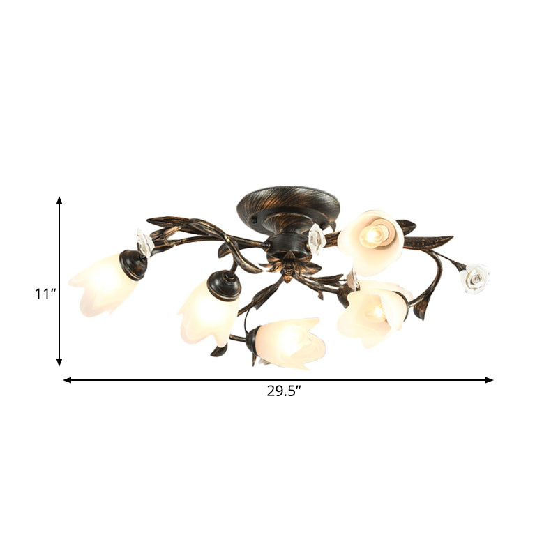 American Garden Flowers Ceiling Light 4/6/8 Heads Cream Glass Semi Flush Mount Lighting in Bronze Clearhalo 'Ceiling Lights' 'Close To Ceiling Lights' 'Close to ceiling' 'Semi-flushmount' Lighting' 886345