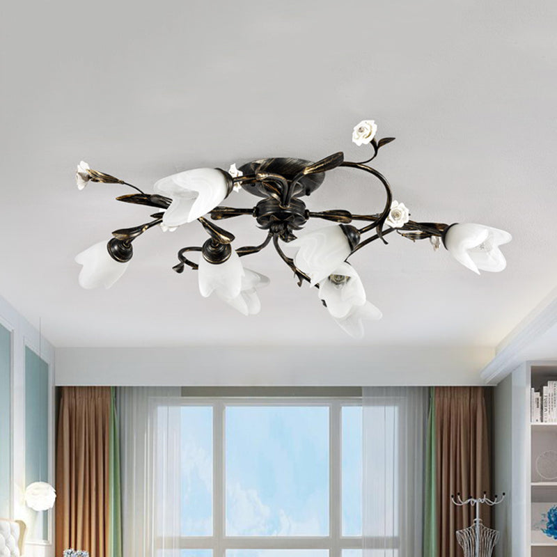 American Garden Flowers Ceiling Light 4/6/8 Heads Cream Glass Semi Flush Mount Lighting in Bronze Clearhalo 'Ceiling Lights' 'Close To Ceiling Lights' 'Close to ceiling' 'Semi-flushmount' Lighting' 886347