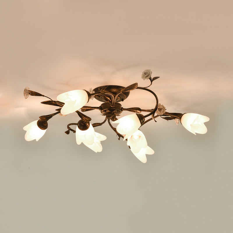 American Garden Flowers Ceiling Light 4/6/8 Heads Cream Glass Semi Flush Mount Lighting in Bronze Clearhalo 'Ceiling Lights' 'Close To Ceiling Lights' 'Close to ceiling' 'Semi-flushmount' Lighting' 886349