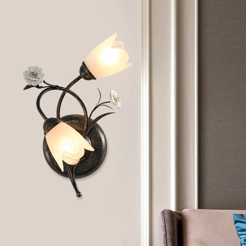 Bronze Finish 2-Head Wall Lamp American Garden Flower Frosted Glass Wall Sconce Light, Left/Right Bronze Right Clearhalo 'Wall Lamps & Sconces' 'Wall Lights' Lighting' 886355