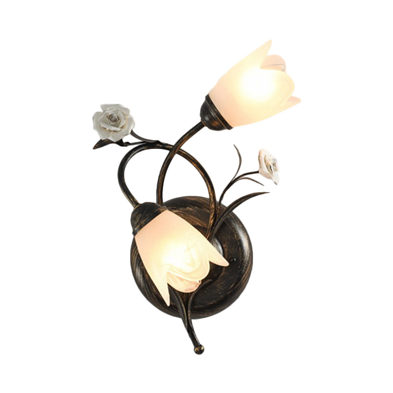 Bronze Finish 2-Head Wall Lamp American Garden Flower Frosted Glass Wall Sconce Light, Left/Right Clearhalo 'Wall Lamps & Sconces' 'Wall Lights' Lighting' 886356