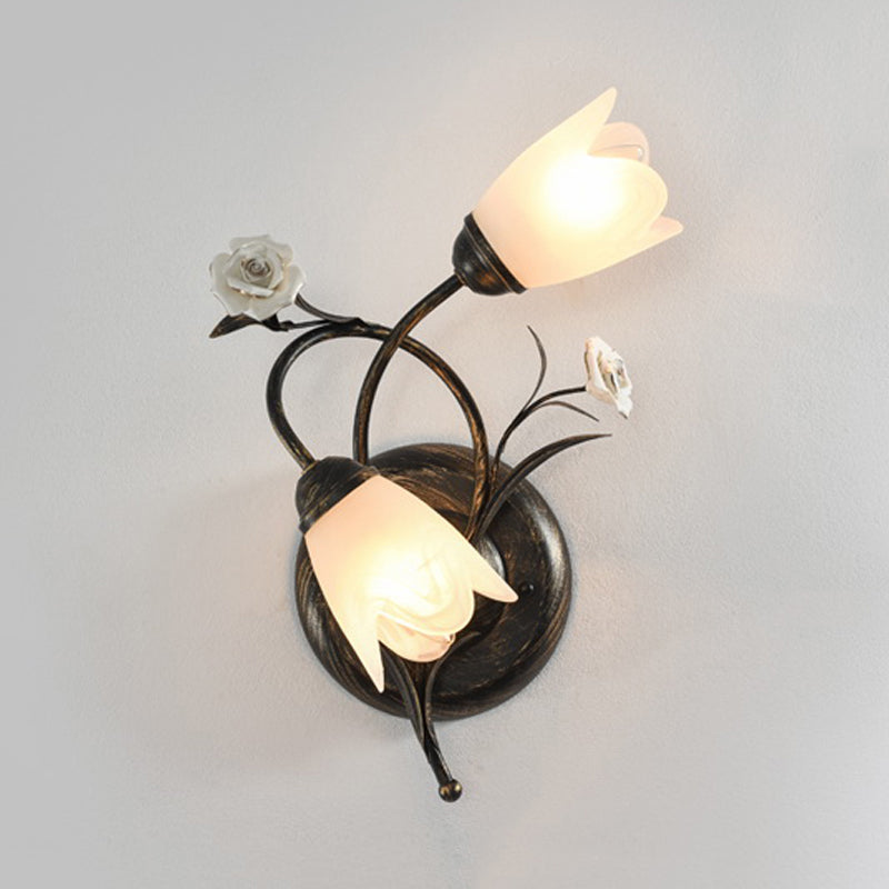 Bronze Finish 2-Head Wall Lamp American Garden Flower Frosted Glass Wall Sconce Light, Left/Right Clearhalo 'Wall Lamps & Sconces' 'Wall Lights' Lighting' 886357