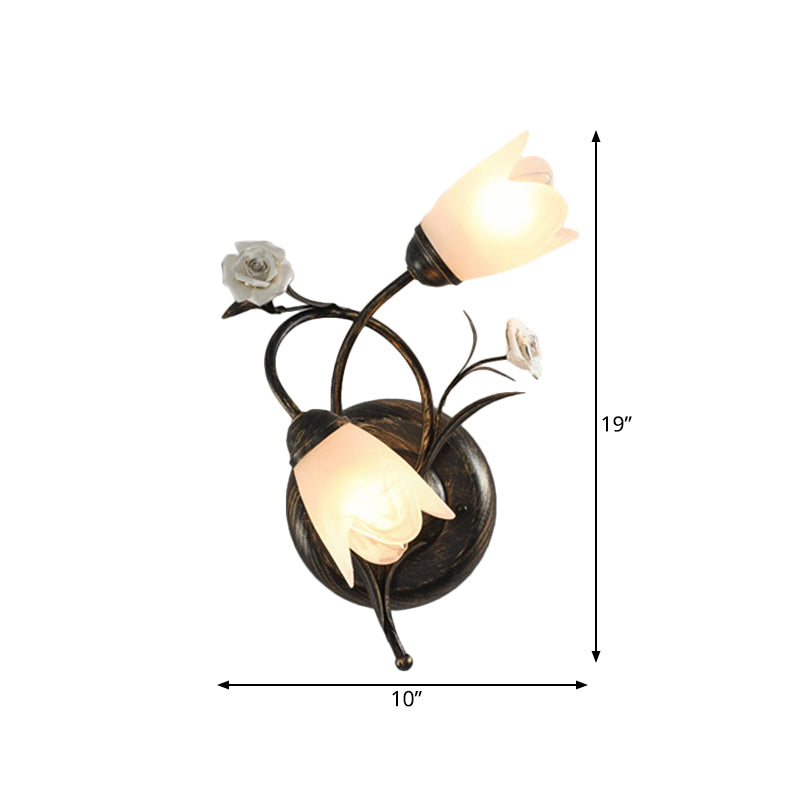 Bronze Finish 2-Head Wall Lamp American Garden Flower Frosted Glass Wall Sconce Light, Left/Right Clearhalo 'Wall Lamps & Sconces' 'Wall Lights' Lighting' 886358