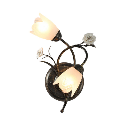 Bronze Finish 2-Head Wall Lamp American Garden Flower Frosted Glass Wall Sconce Light, Left/Right Clearhalo 'Wall Lamps & Sconces' 'Wall Lights' Lighting' 886361