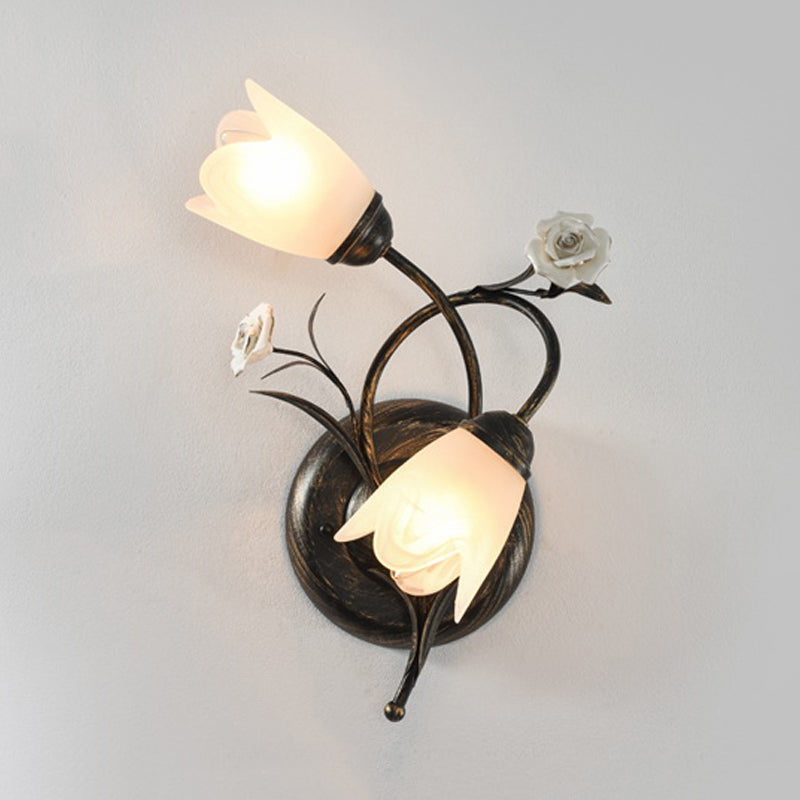 Bronze Finish 2-Head Wall Lamp American Garden Flower Frosted Glass Wall Sconce Light, Left/Right Clearhalo 'Wall Lamps & Sconces' 'Wall Lights' Lighting' 886362