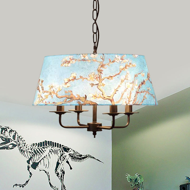 Orchid Printed Fabric Blue Chandelier Trapezoid 4 Lights Korean Garden Hanging Pendant Clearhalo 'Ceiling Lights' 'Chandeliers' Lighting' options 886371