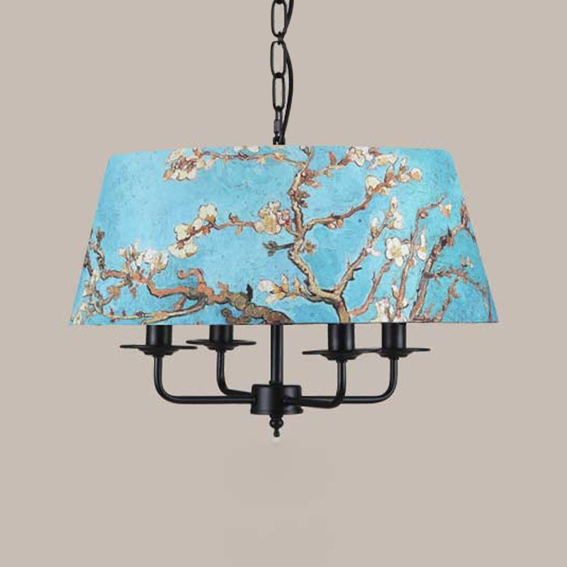 Orchid Printed Fabric Blue Chandelier Trapezoid 4 Lights Korean Garden Hanging Pendant Clearhalo 'Ceiling Lights' 'Chandeliers' Lighting' options 886373