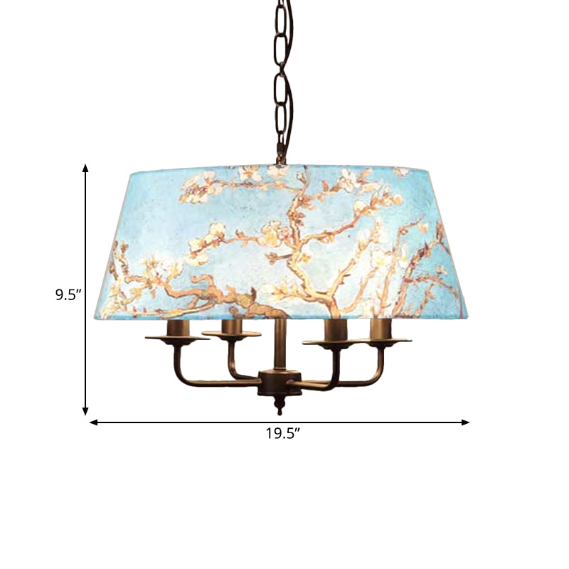 Orchid Printed Fabric Blue Chandelier Trapezoid 4 Lights Korean Garden Hanging Pendant Clearhalo 'Ceiling Lights' 'Chandeliers' Lighting' options 886374